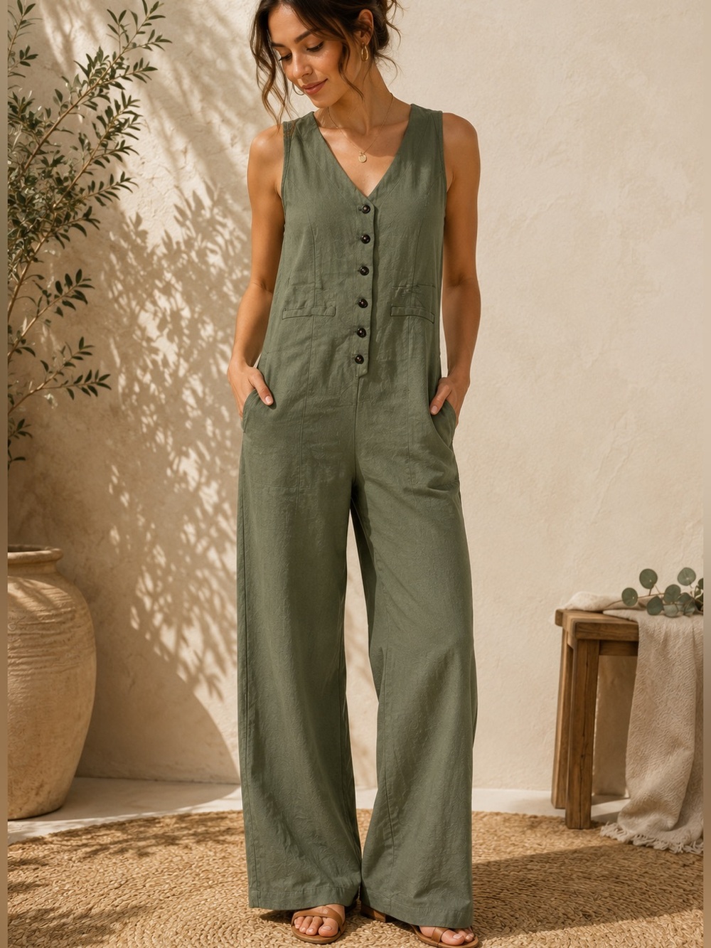 Sleeveless V-Neck Wide-Leg Jumpsuit - Olive Green